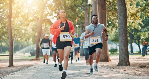 Runners in a race on a tree-lined path