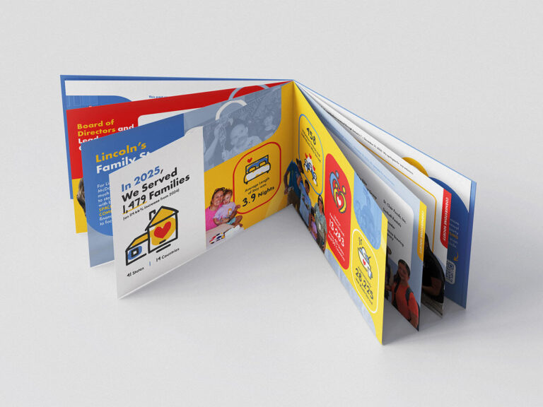 Printed annual report brochure opened to show its pages